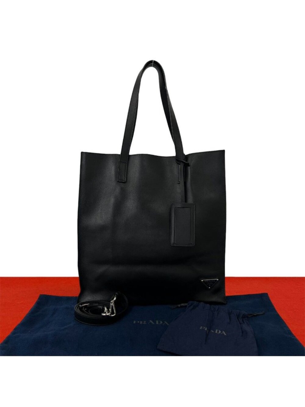 Prada Triangle Logo Leather Shoulder Bag Tote Black
